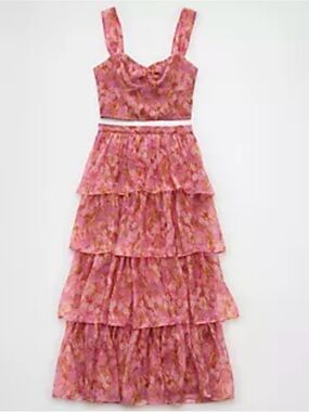 American Eagle Outfitters Pink Floral Tiered Dress Set maxi skirt adjustable